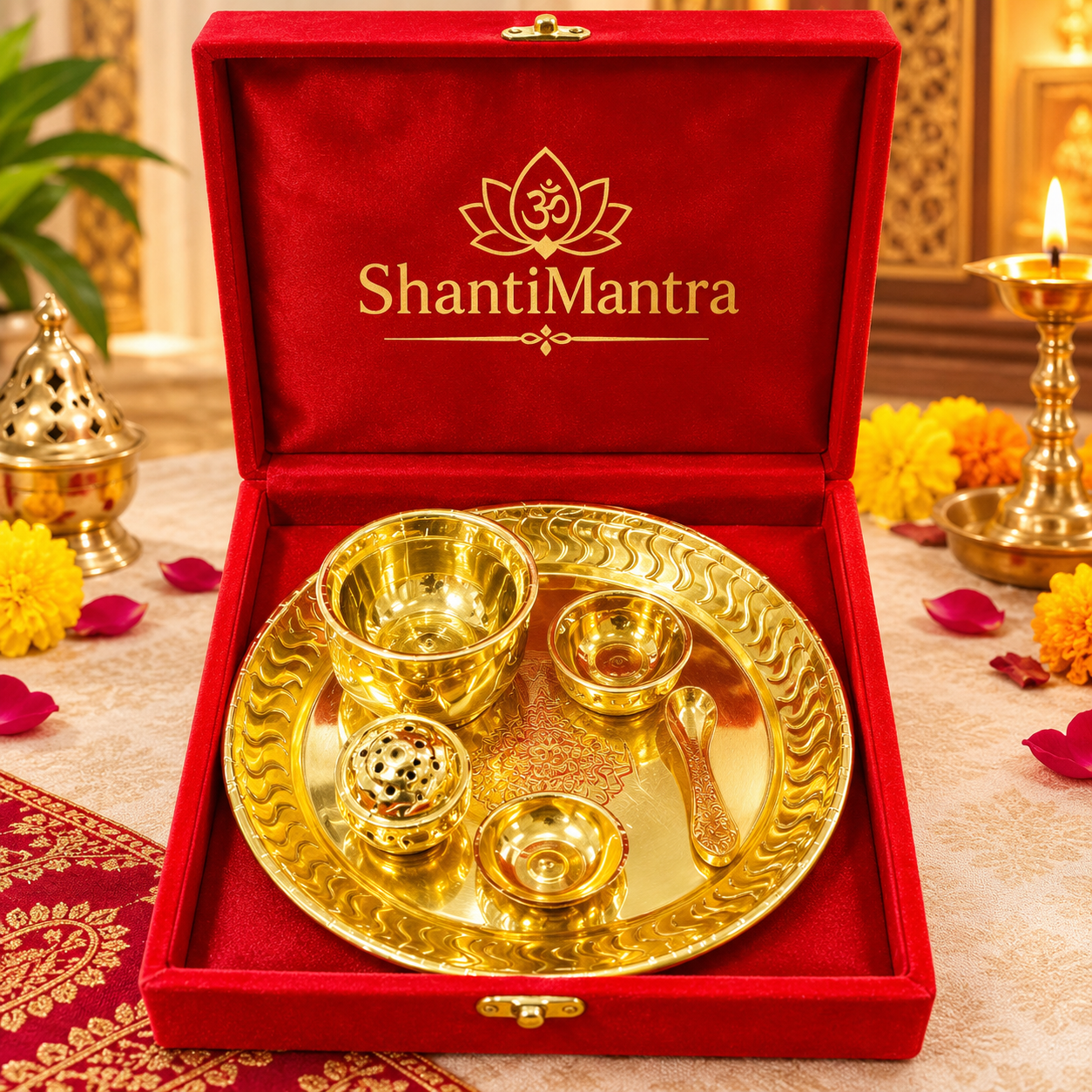 Shanti Mantra Royal Golden Puja Thali Set